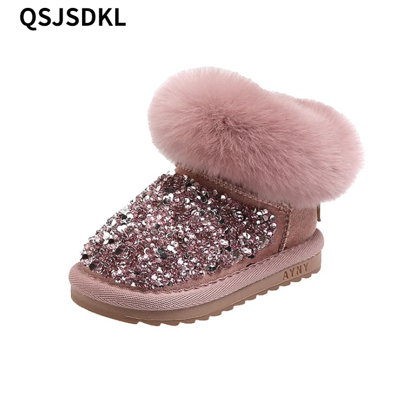 Children Snow Boots 2022 Fashion New Winter Rhinestone Warm Plush Zip Ankle Princess Little Girls Boots Toddler Baby Shoes