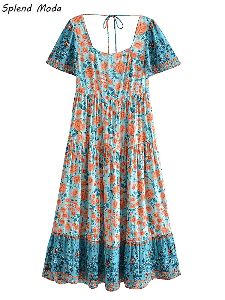 

Платье женское с цветочным принтом, квадратным вырезом и шнуровкой