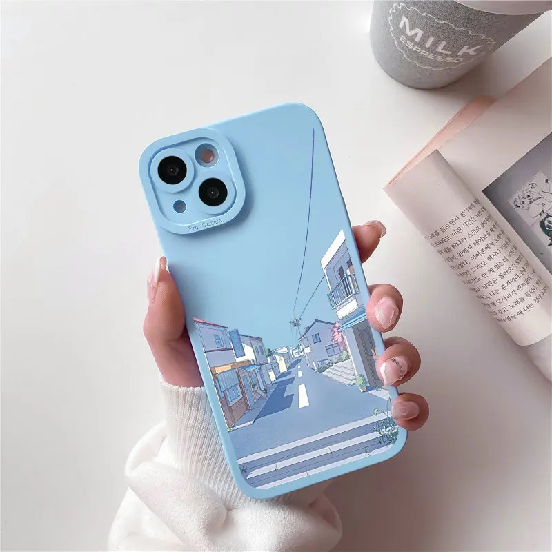 

Japan Anime Landscape Phone Case For iPhone 11 13 12 14 Pro Max Street Phone Case For X XS XR 7 8 14 Plus SE2 Scenery Soft Cover