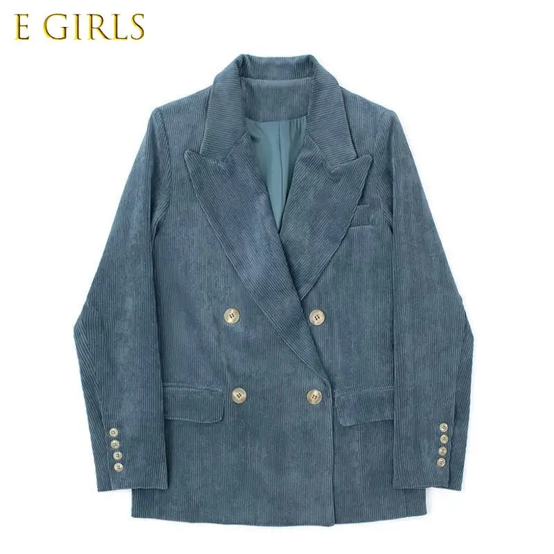 

E GIRLS Blazers Women Retro Full Sleeves Double Breasted Cozy Korean Style Corduroy Loose All Match Cool Female Autumn Street