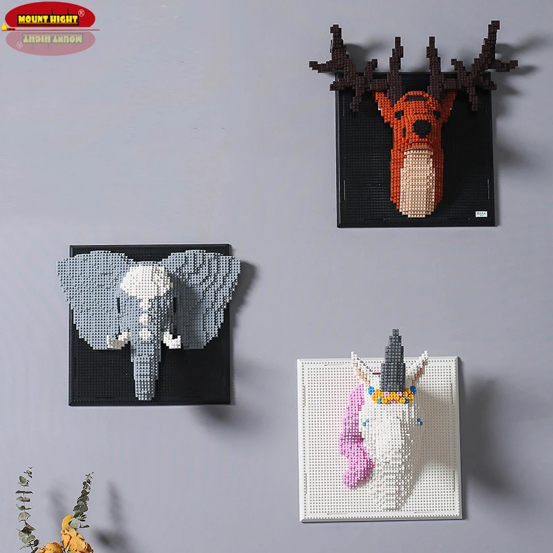 

Building Blocks Loong Dragon Elephant Horse Tiger Deer Elk Monster Animal Head Wall Painting Mini Diamond Bricks Toy Gift Decor