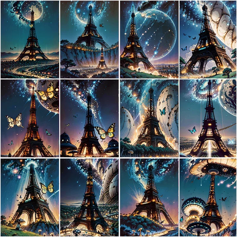 

Пейзаж 5D Алмазная мозаика звездное небо Луна бабочка Башня полная Алмазная мозаика Сделай Сам Вышивка крестиком домашний декор