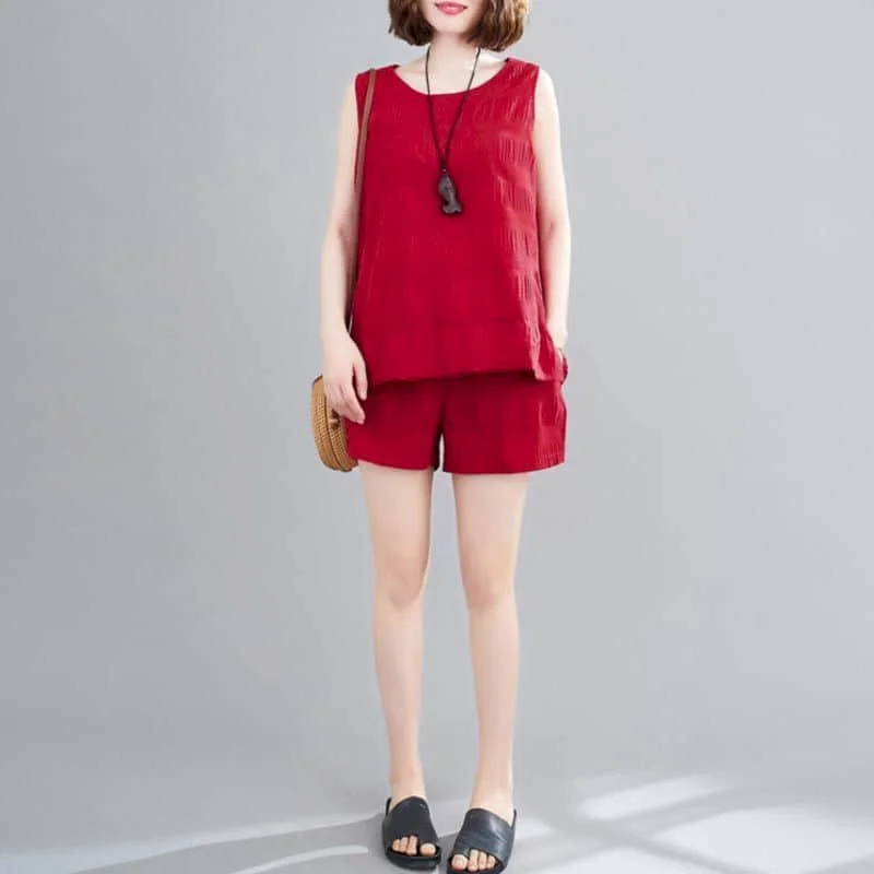 Однотонный комплект с шортами свободная футболка без рукавов круглым вырезом и