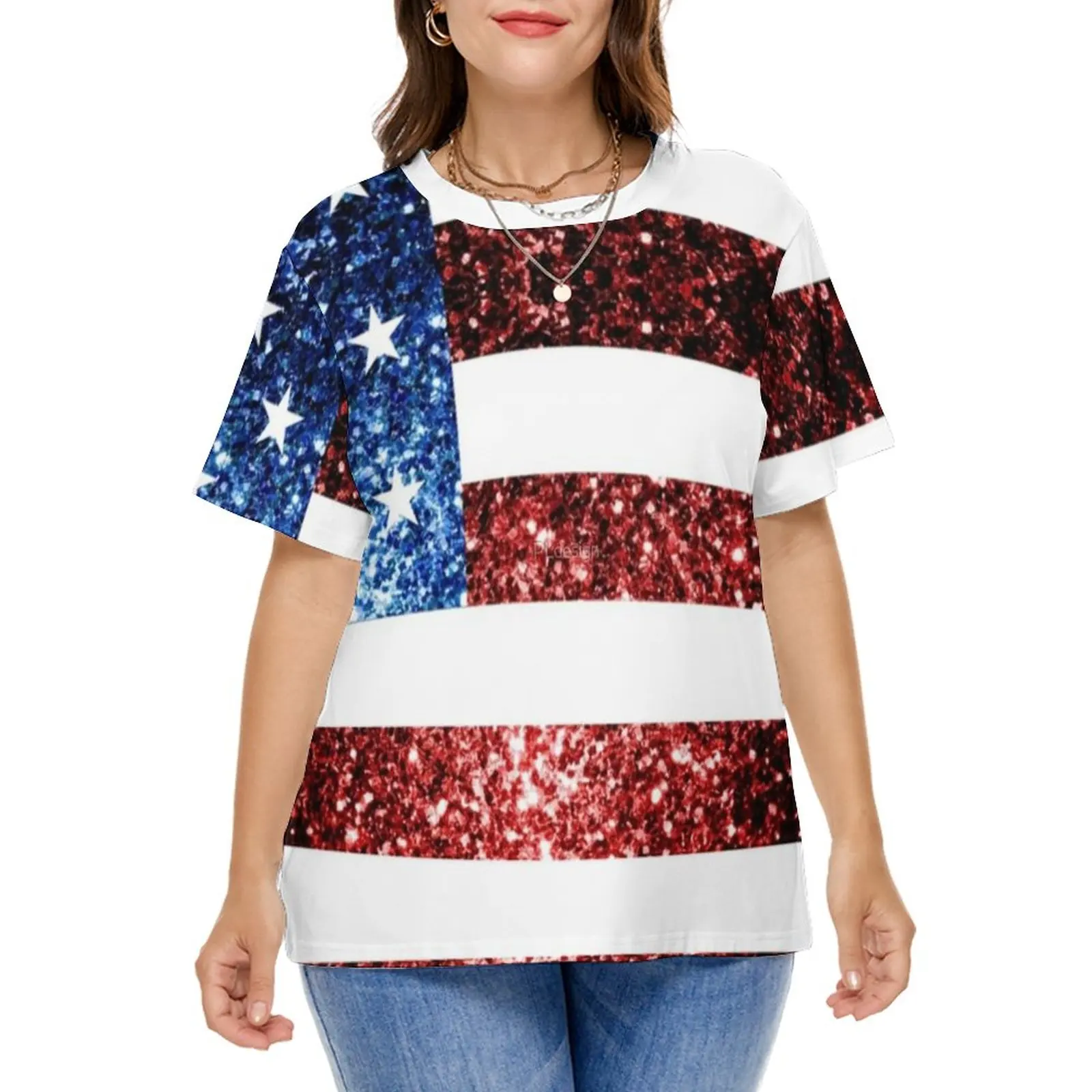 American Flag Red Blue T Shirt Faux Sparkles Glitters Trendy Vintage T Shirts Short Sleeve Tee Shirt Print Tees Plus Size 5XL