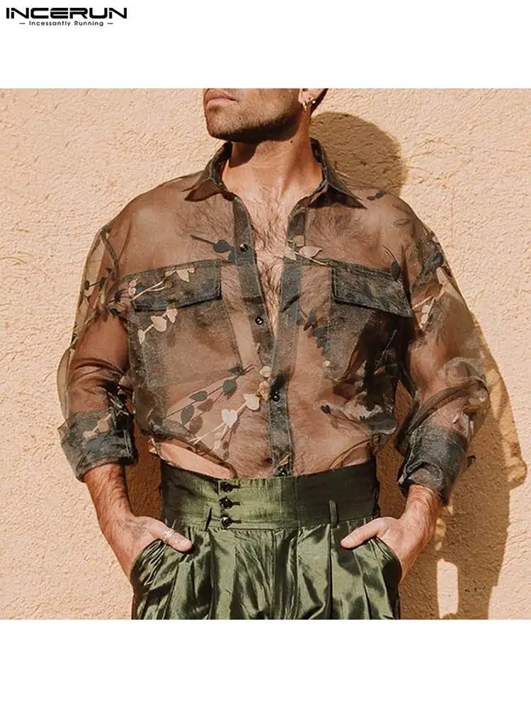 

INCERUN Men Shirt Mesh Printing Transparent Lapel Long Sleeve Sexy Party Nightclub Shirts Streetwear 2022 Pockets Camisas S-5XL