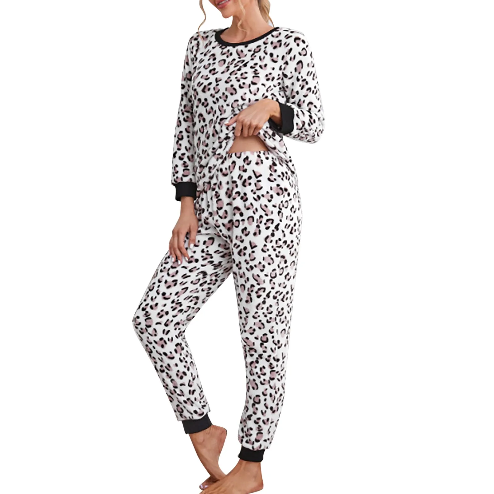 

Women's 2 Piece Pajama Sets Thickened Warm Leopard Print Flannel Plush Autumn Winter Fleece Sleepwear Tshirt Long Pants 4