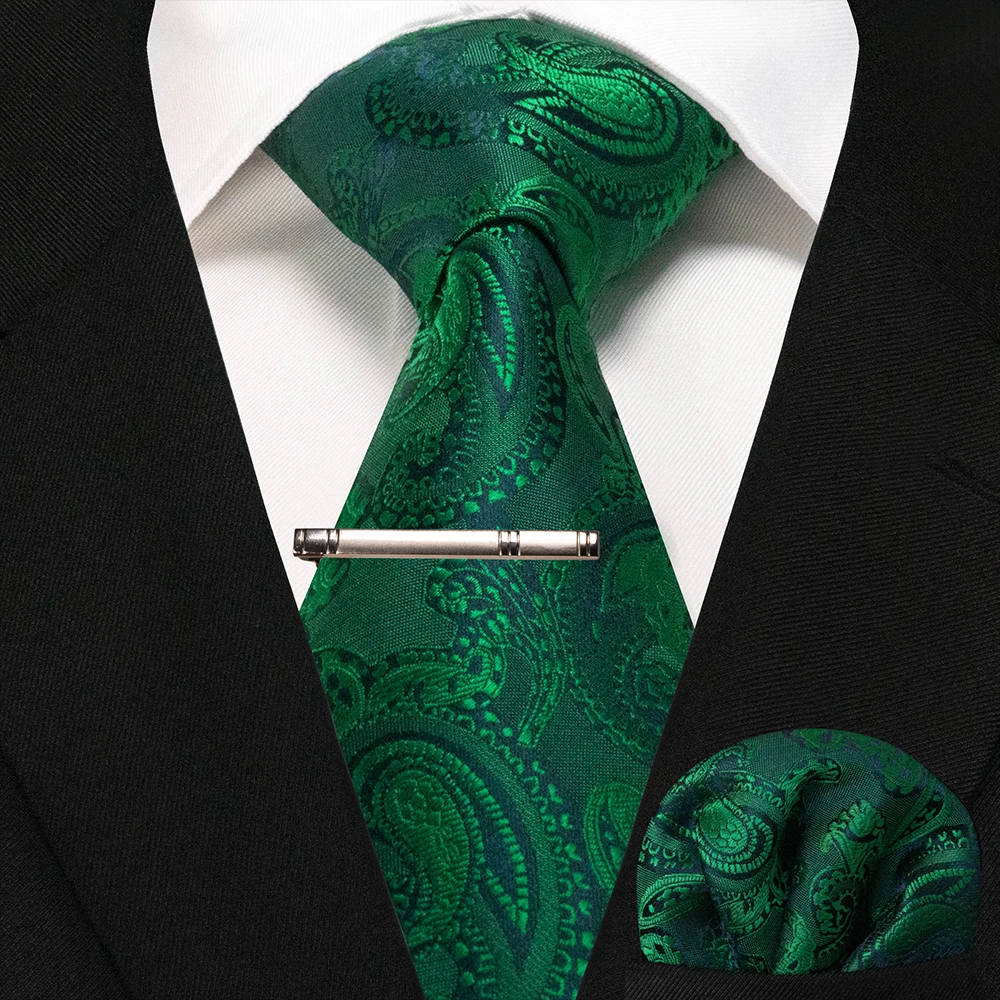 

JEMYGINS Business Tie for Men Silk Navy blue Tie striped Paisley Necktie Handkerchief Tie clips Set for Wedding Party Gift