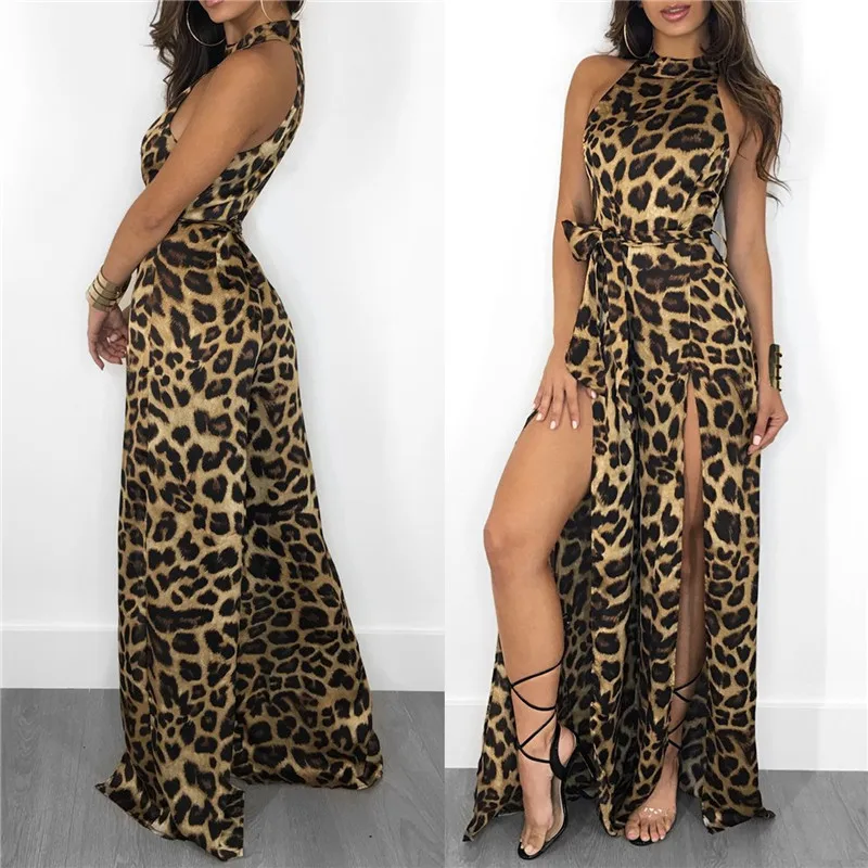 Summer For Women Sexy Leopard Grain Printed Lace-up Sleeveless High Waist Backless Open Fork Jumpsuits  Beach Holiday
