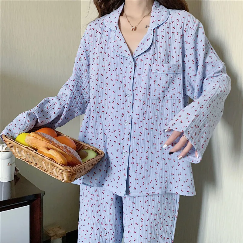 Cotton Hemp Gauze Women Pajamas Set Spring Autumn Long Sleeve Sleep Top Nightgown Korean Version Fashion Loose Home Wear New
