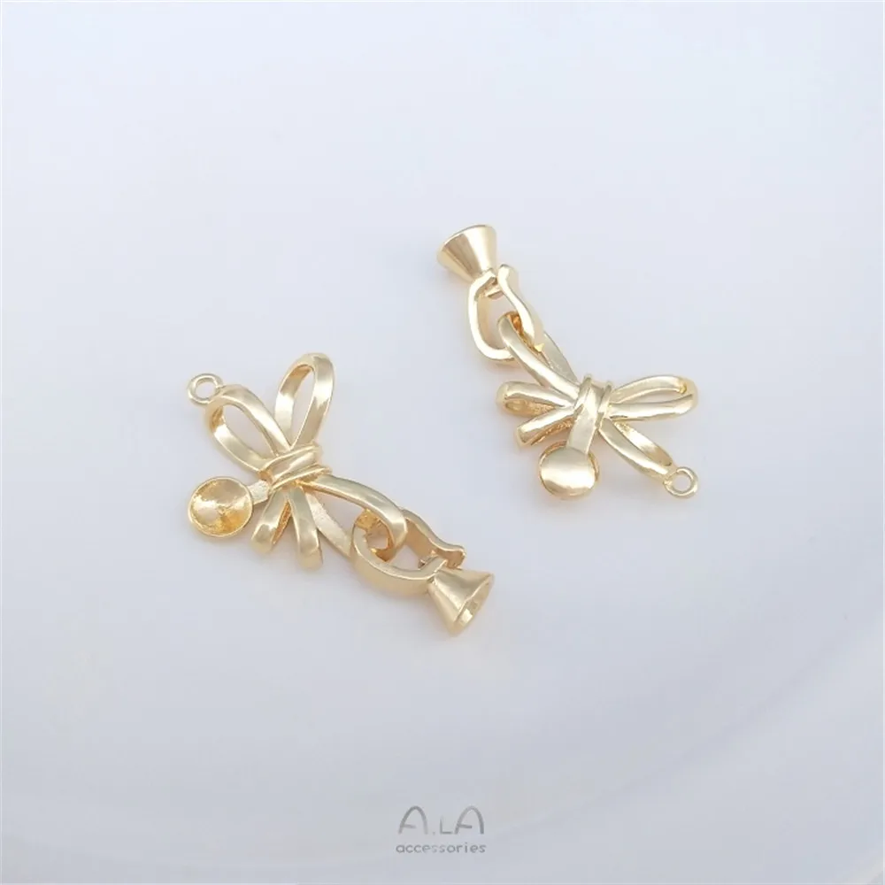 

14K gold bowtie with bead holder pearl button necklace sweater chain jewelry button diy pendant button connection button