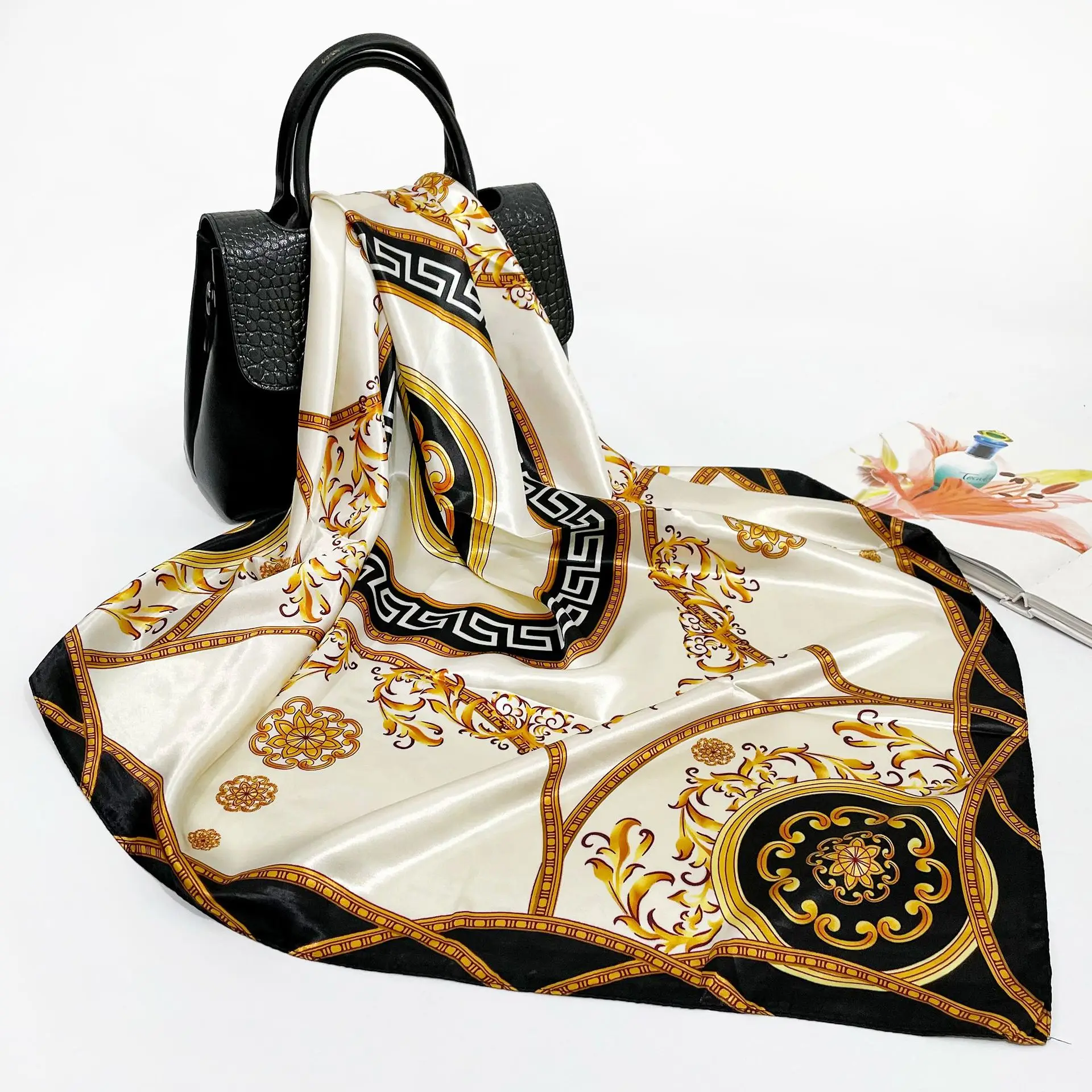 

Spring and Autumn Silk Printing Silk Scarf 90cm Square Scarf European and American Scarf Ladies Shawl Sunscreen Headband