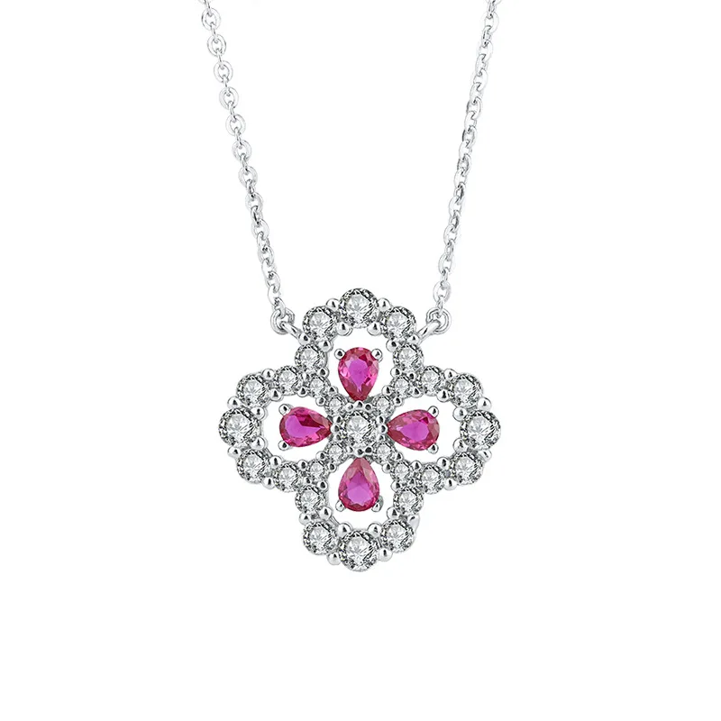 

New fashion trend S925 silver inlaid 5A zircon pigeon blood ruby full diamond inlaid four-leaf clover necklace pendant