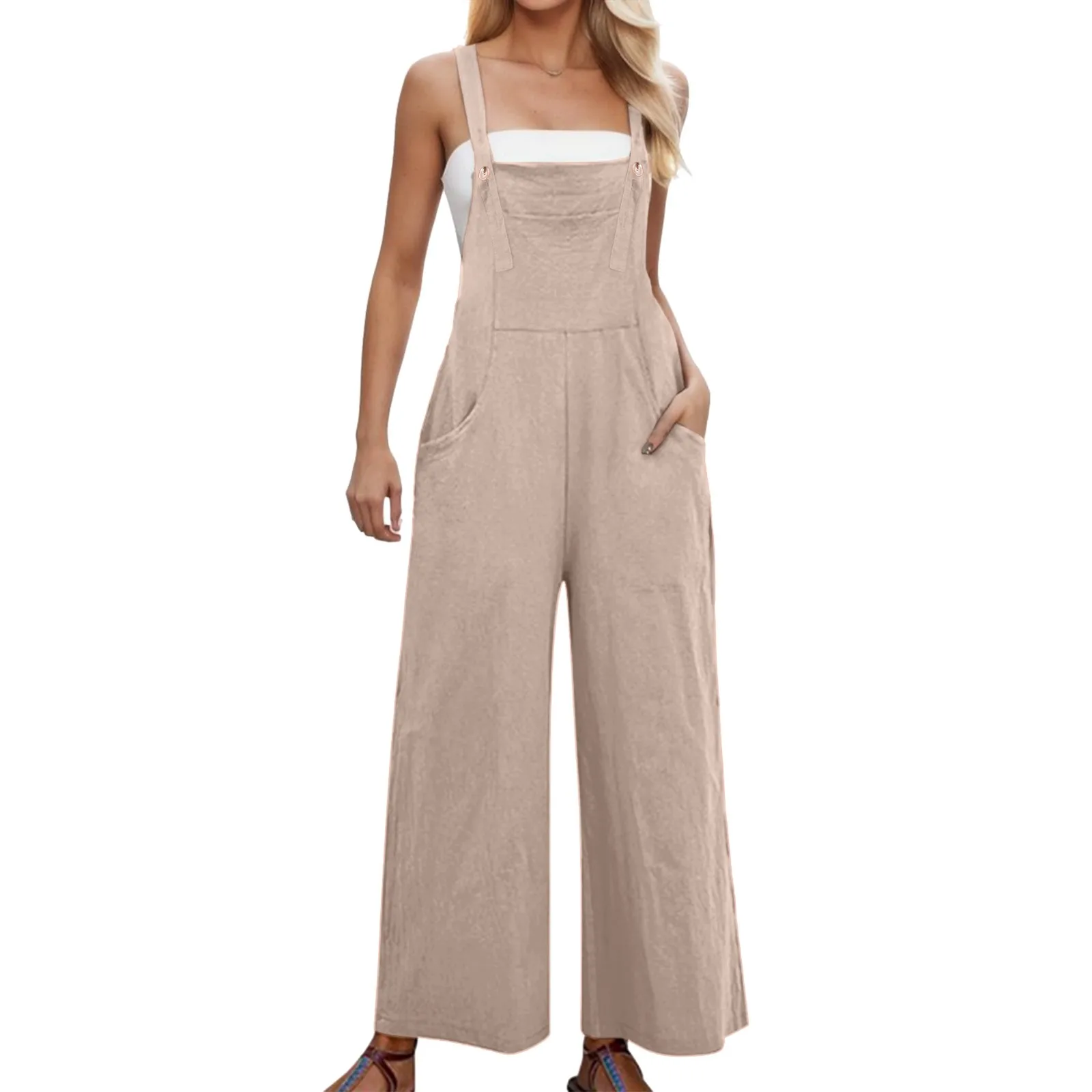 

Women's Adjustable Spaghetti Strap Stretchy Jumpsuits Loose Wide Leg Long Pant Casual Solid Colours Jumpsuit With Pockets