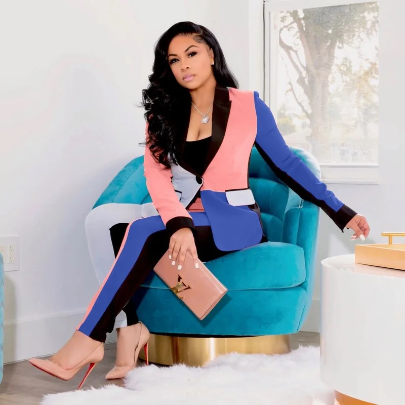 Contrast Colors Blazer Suit 2 Piece Set Women Single Button Street Blazers Pencil Pants Set High Waist Office Commute Pant Suits