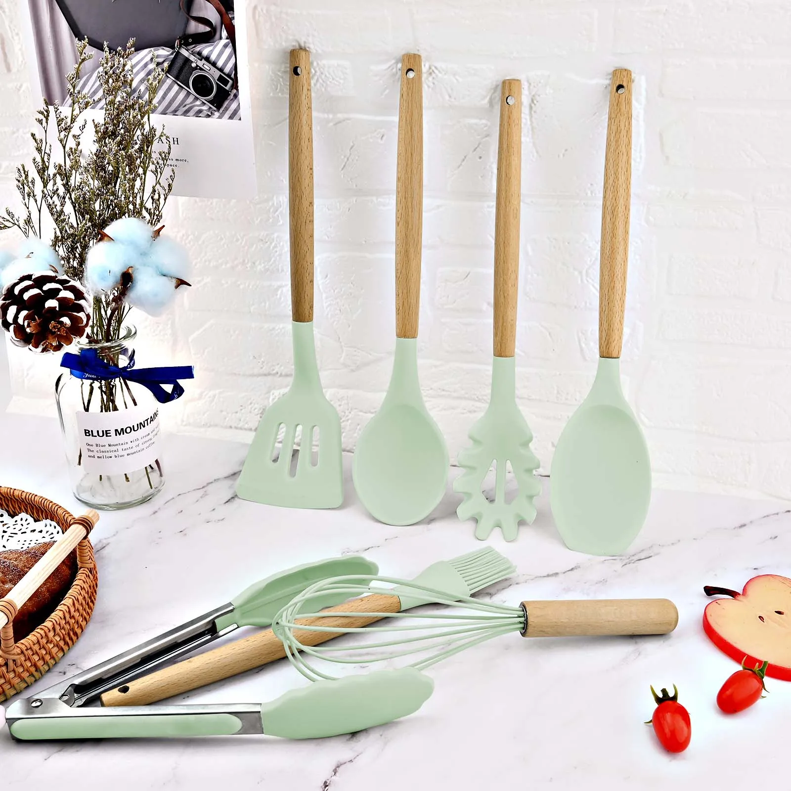12 Pcs-set Colorful Silicone Kitchen Cooking Utensils Set With Holder  Wooden Handle Ns2