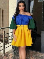 patchwork dresses women off shoulder yellow blue color block mini cotton loose casual dress for ladies office daily party summer