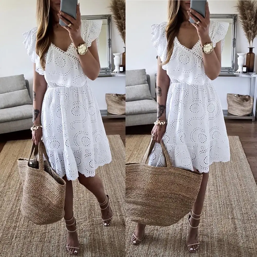 

Женское платье-мини с V-образным вырезом, однотонное свободное кружевное уличное платье с коротким рукавом и бабочками, с эластичным поясом,...