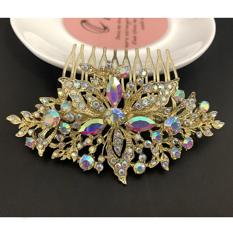 

Vintage Gold Plated AB Leaf Bridal Hair Combs Rhinestone Crystal Wedding Headwear Popular Jewelry European Party Accessories