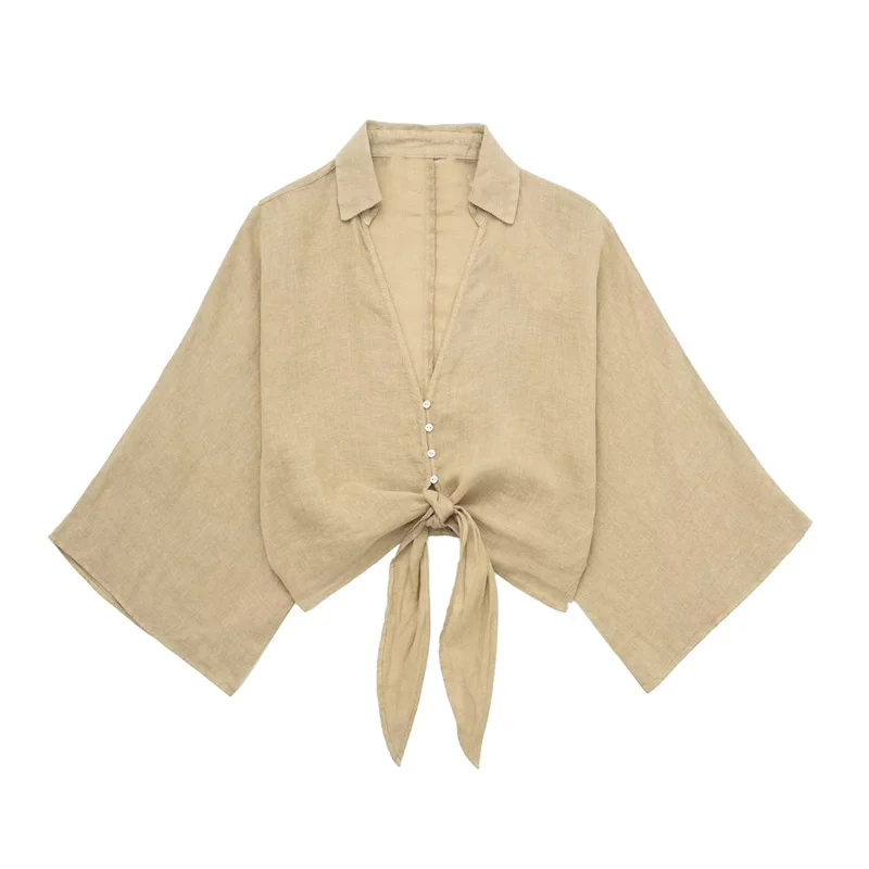 

Woman Casual Camel Loose Cotton Linen V Neck Short Shirts 2023 Spring Female Solid Lacing Crop Shirts Ladies Batwing Sleeve Tops