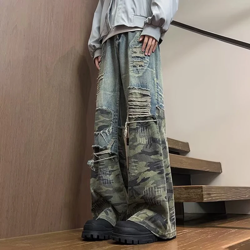 FEWQ High Street Американские камуфляжные микро-расклешенные джинсы с модным дизайном