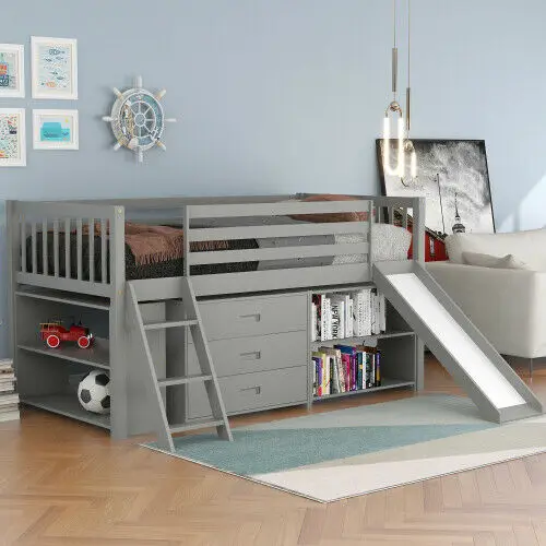 

New Children's Beds Low Loft Bed With Bookcases And 3-tier Drawers Convertible Ladder And Slide Bunk Bed With Storage Rack