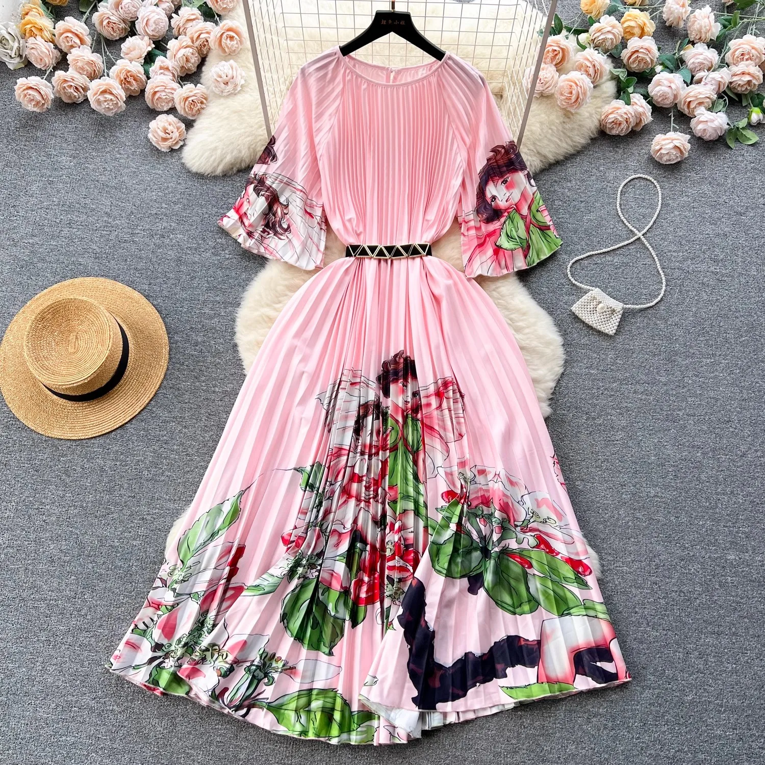 Summer Floral Print Pleated Loose Dress Women 2023 Designer Elegant Belt Holiday Long Maxi Vestidos Oversized Casual Robes A9390