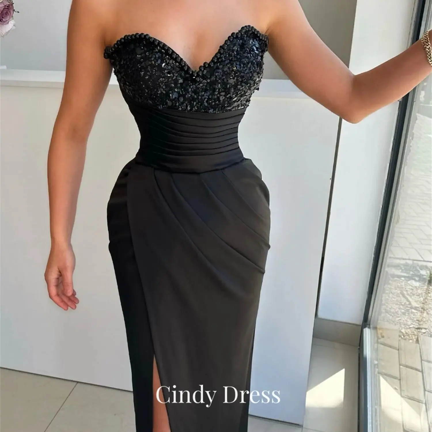 Женское атласное платье-Русалка Cindy элегантное черное платье с жемчугом вечернее