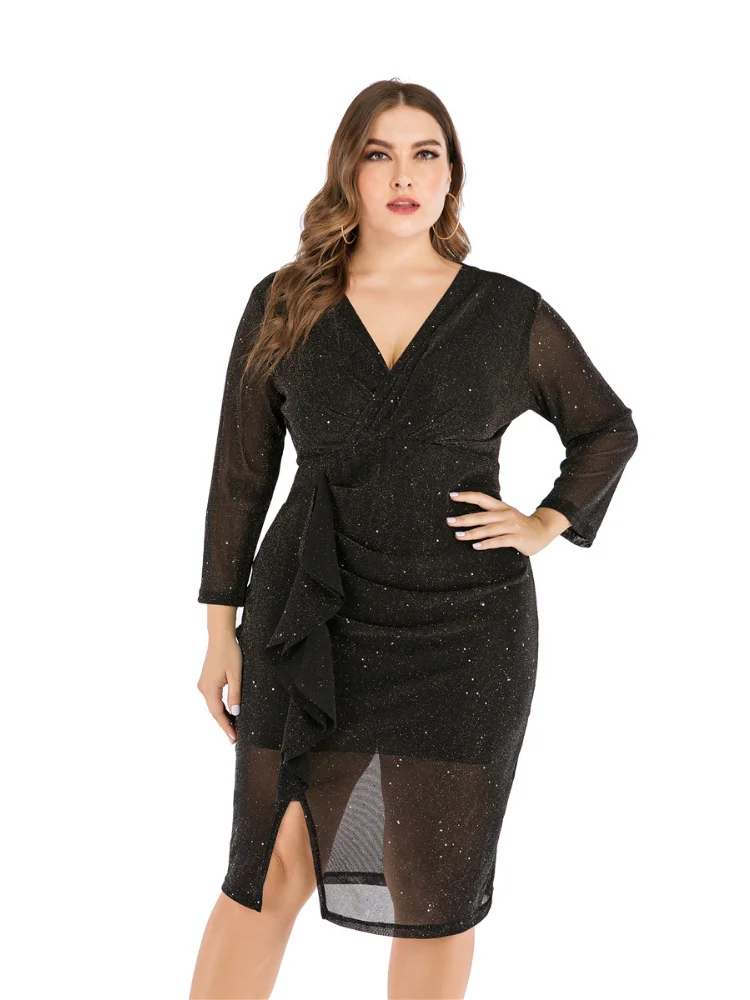 Large Size Women's Dress V-Neck Black Loose Diamond 9/4 Sleeve Fit Slim Split Wrap Hip Skirt plus size dresses