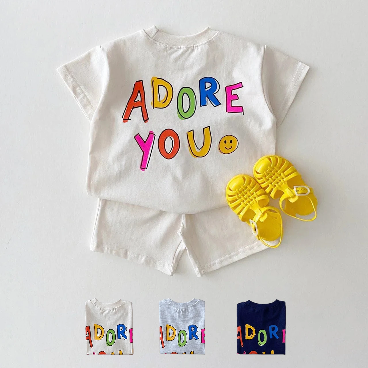 2022 Korea Baby Girl Clothes Set Double Sided Printing Smiling Face Letter T-shirt Tees Loose Cotton Shorts 2pc Baby Boy Clothes