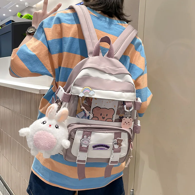 

Cute Girly Children's Backpack School Student Bag For Teenagers Kawaii Japanese Style Patchwork Contrast Color Women's Backpack