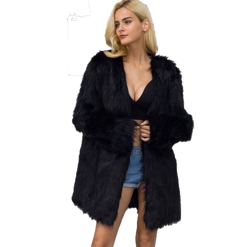 Fashion V-neck Faux Fur Like Women's Coat Medium Long Fur Like Wool Coat Autumn Winter 2022