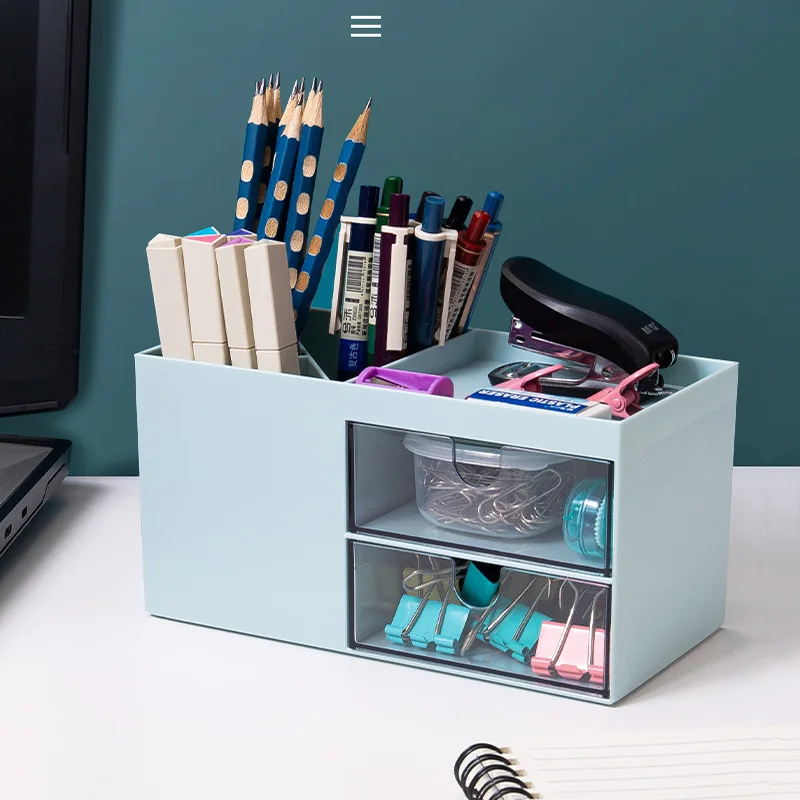 

Настольный органайзер для студентов с двумя выдвижными ящиками, однотонная простая коробка для хранения карандашей, офисные канцелярские принадлежности