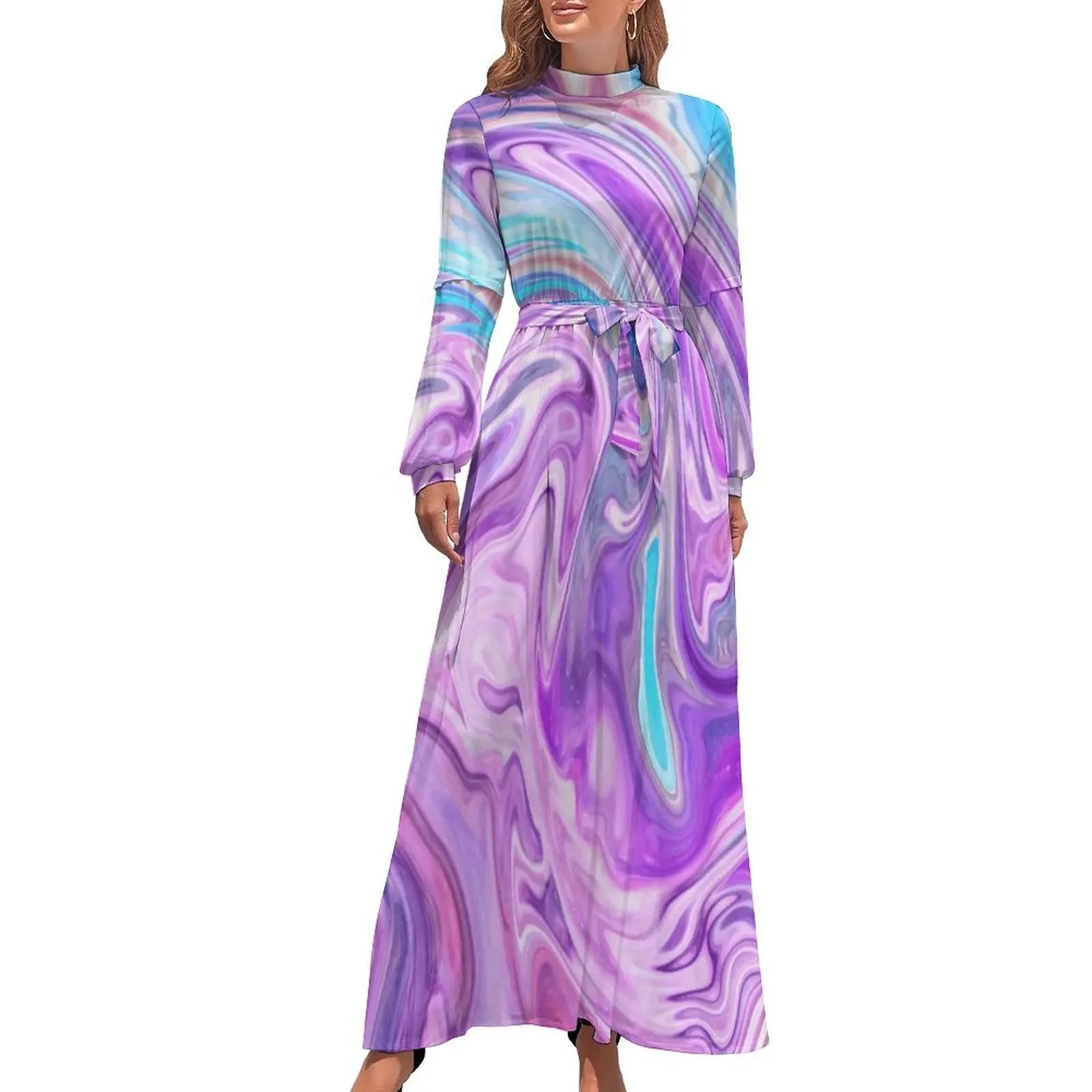 

Blue Purple Liquid Swirl Dress Abstract Print Street Wear Bohemia Dresses Women Long Sleeve High Waist Sexy Long Maxi Dress