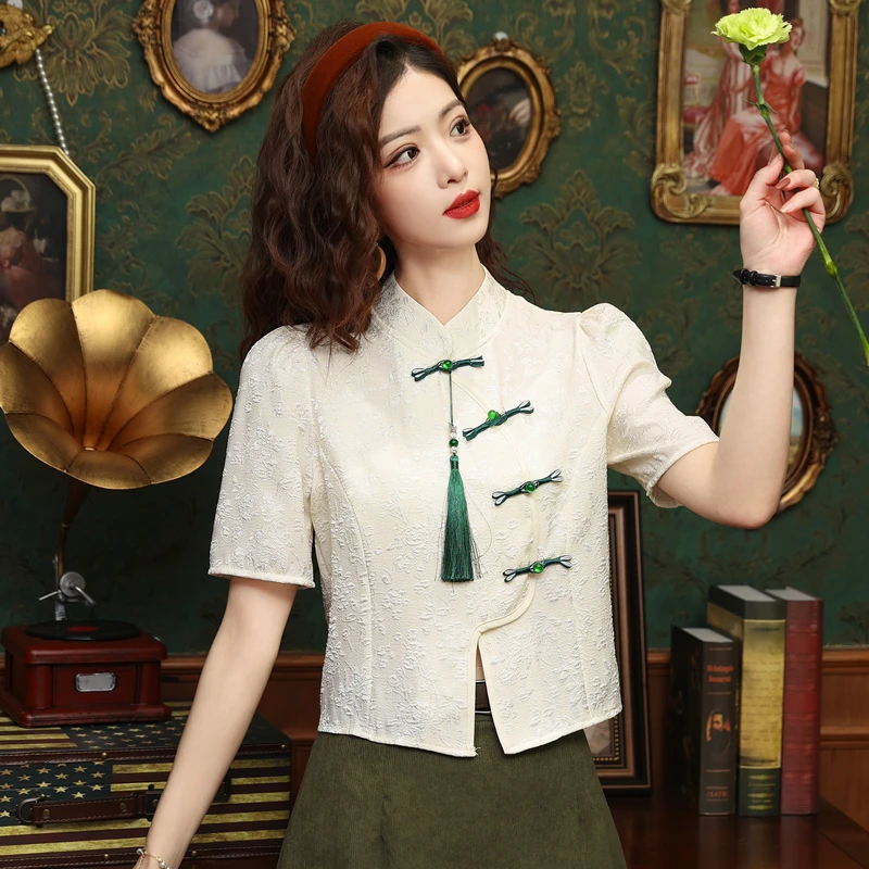 Новая летняя женская рубашка с коротким рукавом и воротником-стойкой шифоновая