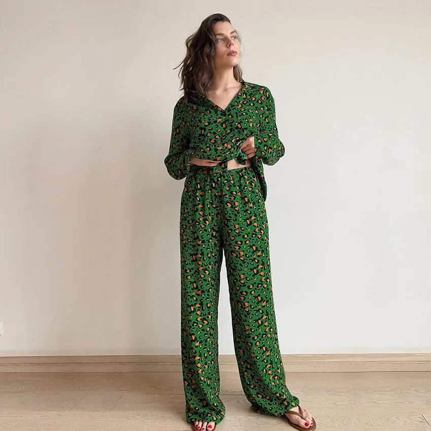 Spring Autumn Cotton Women Long Sleeve Pajamas Set Sexy Nightwear Leopard Print Thin Simple French Home Clothes Trousers Loose
