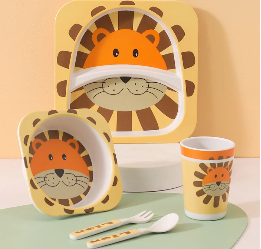 

Bamboo Fiber Children's Tableware Set Cartoon Bowl Divided Plate Spoon Fork Cup Five-piece Set Gift Tableware