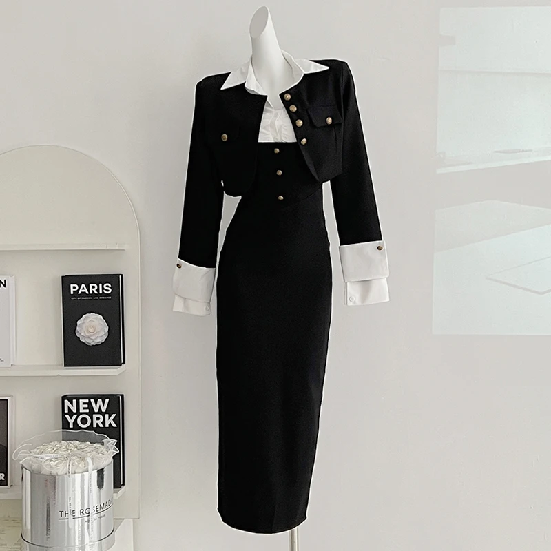 

Women's Spring Autumn New Fashion Short Coats And Halter Strap Dress Matching Set Lapel White Shirt Korean Elegant 3 Piece Suit