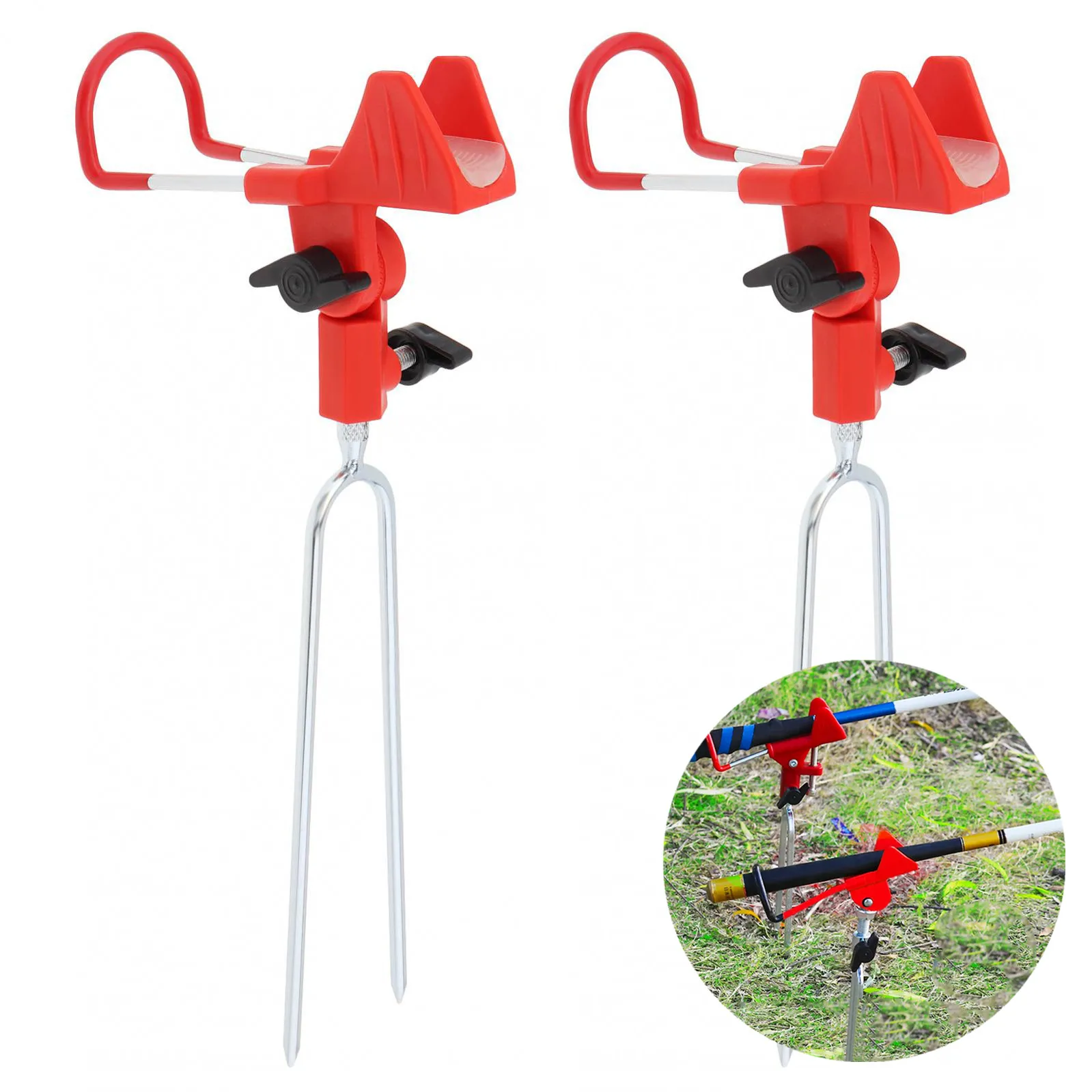 

2pcs Aluminum Alloy 360 Degree Adjustable Red Fishing for Ground Support with Luminous Non-slip Mat, Folding Fish Pole Stand