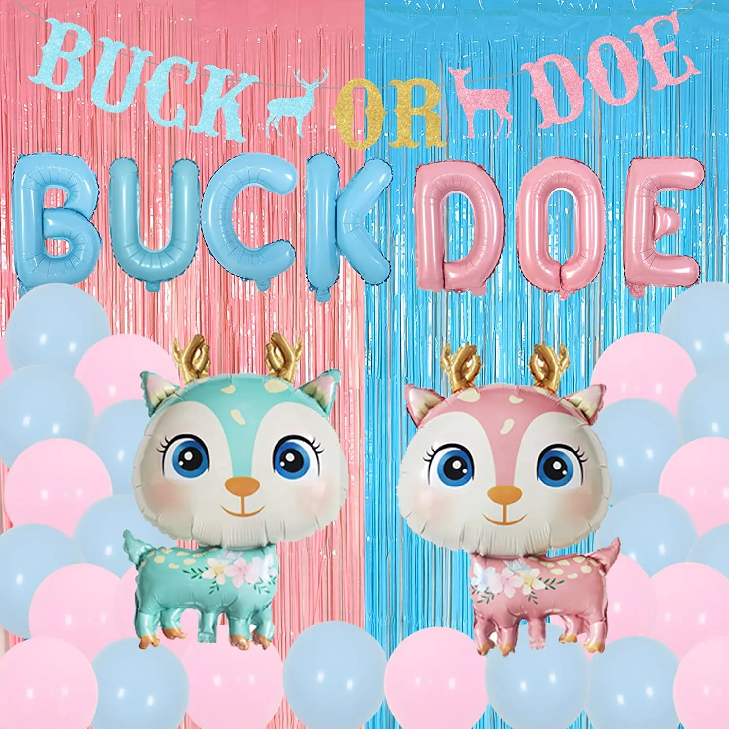 

Buck or Doe Gender Reveal Decorations Kit, Glitter Banner, Deer Balloons for Girl or Boy, Animal Pragnancy Celebration