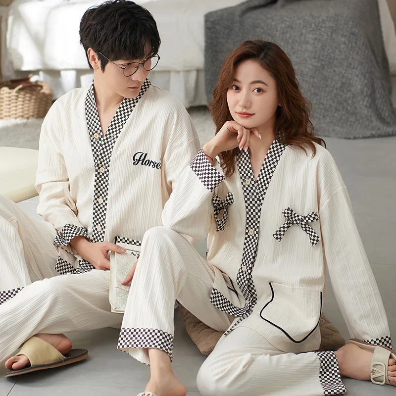 Kimono Cotton Men Home Suit Autumn Long Sleep Tops Women Pajamas Set Pjs Couple Pijamas Suit Male Female Homewear Freeshipping