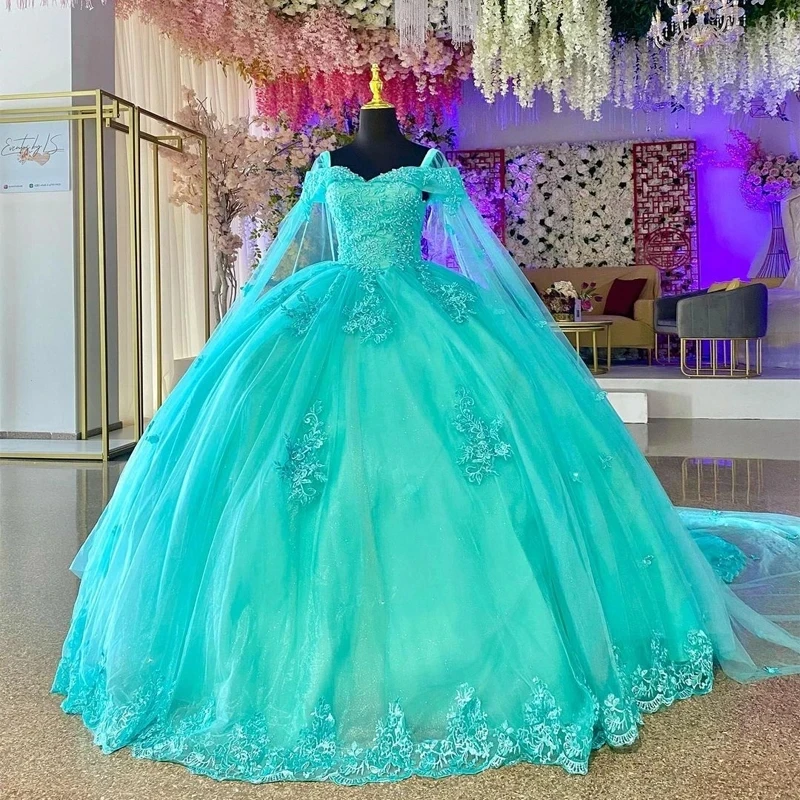

ANGELSBRIDEP Off-Shoulder Quinceanera Dresses With Long Cape Appliques Princess Pornos De 15 Años Formal Party Ball Gown HOT