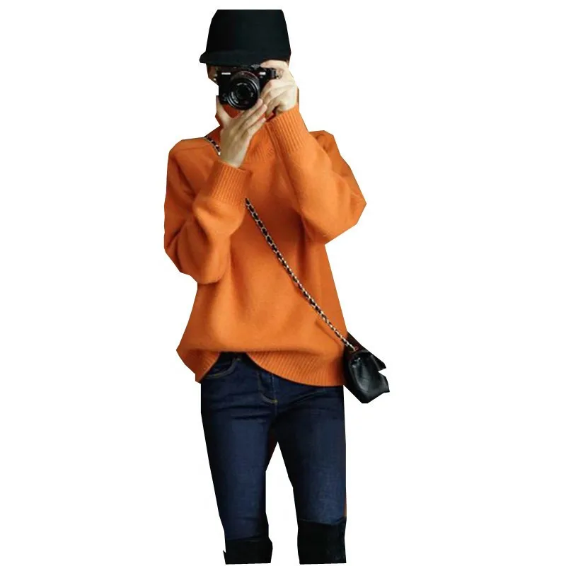 Свитер с высоким воротником женские толстые теплые свободные пуловеры вязаные