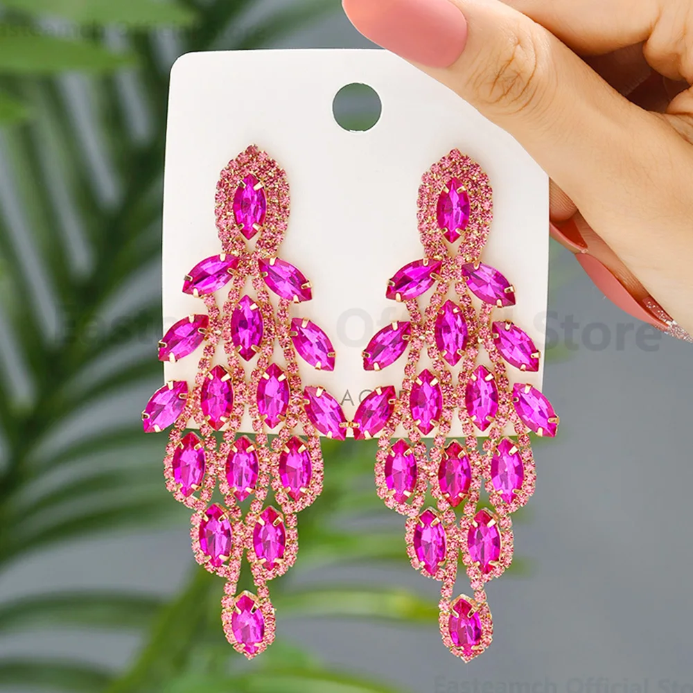 

Elegant Fashion Sparkly Glass Rhinestone Bridal Long Dangle Drop Earrings For Women Trendy Luxury Design Pageant Wedding Jewelry