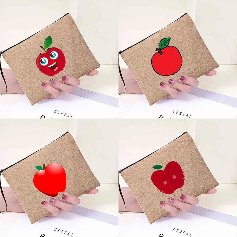 

Cosmetic Zipper Bag Linen Large Makeup Lipstick Organizer Casual Pouch Purses Pencil Bags Apple Funny Emoji Series