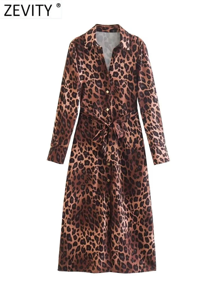 

Zevity Women Vintage Leopard Print Bow Tied Belt Midi Shirt Dress Female Single Breasted Golden Buttons A Line Vestidos DS2261