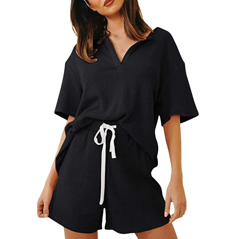 

V-neck Ribbed Tops And Shorts Sleepwear 2pcs /Set For Women Short Sleeve Pajama Set Loungewear with Pockets Casual Pjs Sets