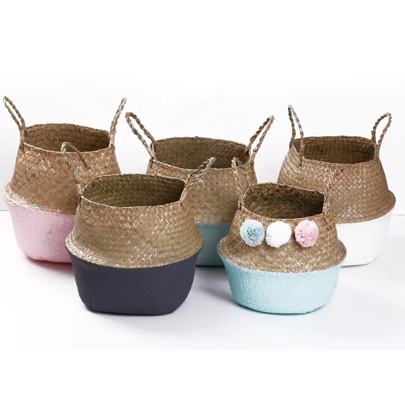 

2022 Handmade Bamboo Storage Baskets Foldable Laundry Straw Patchwork Wicker Rattan Seagrass Belly Garden Flower Pot Plante Bask