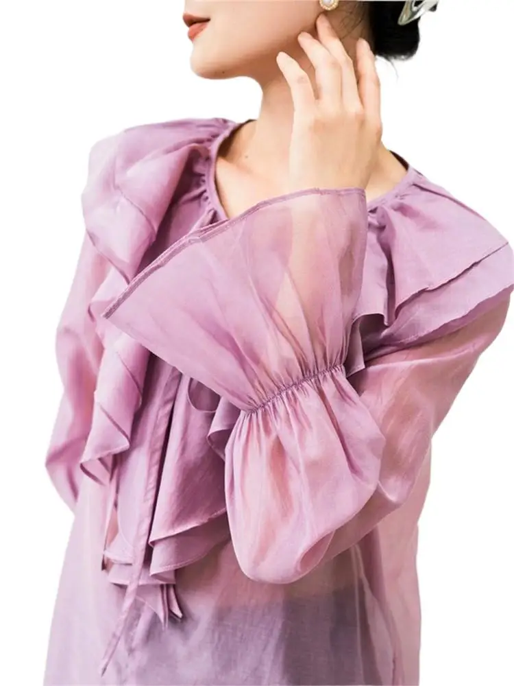 

2023 New Fashion Sexy Lotus Collar Full Sleeve Blouses Casual Women's Shirt Summer Lyocell Solid Top Office Lady Tops 5XL