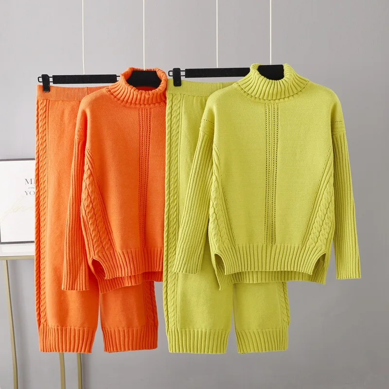 

2023 Cashmere Womens Tracksuits Knitted Thick Women Turtleneck Sweater 2/Two Piece Sets Drawstring Harem Pant Suits Outfits