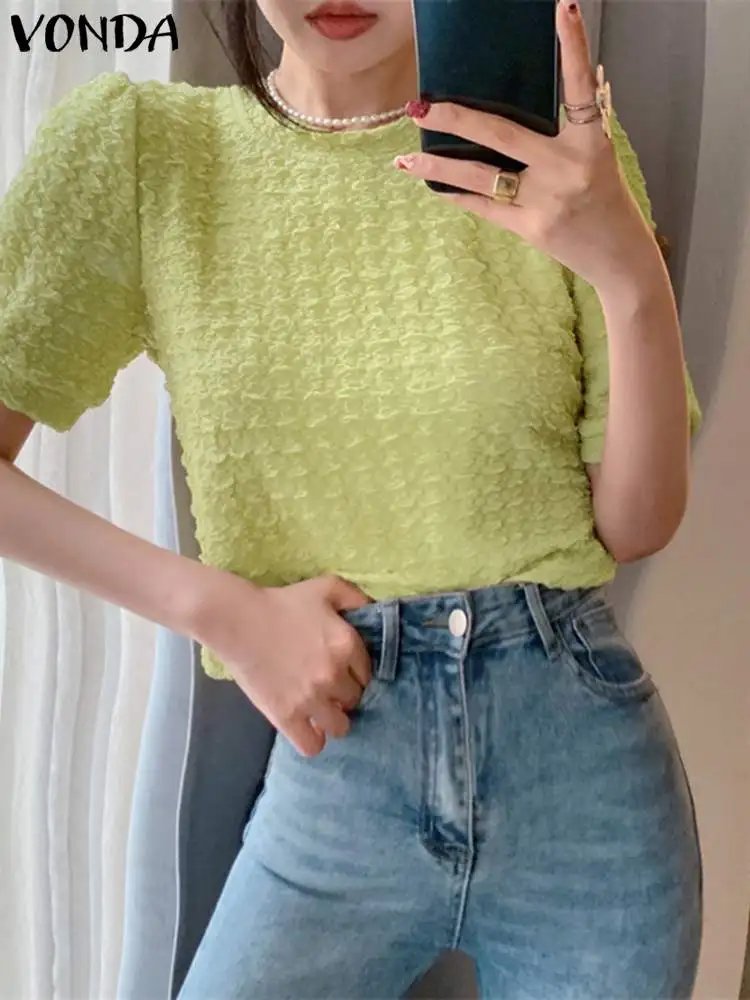 

VONDA Fashion Summer Blouses 2023 Women Short Sleeve Round Neck Casual Solid Color Blusas Femme Elegant Tunic Tops Streetwear